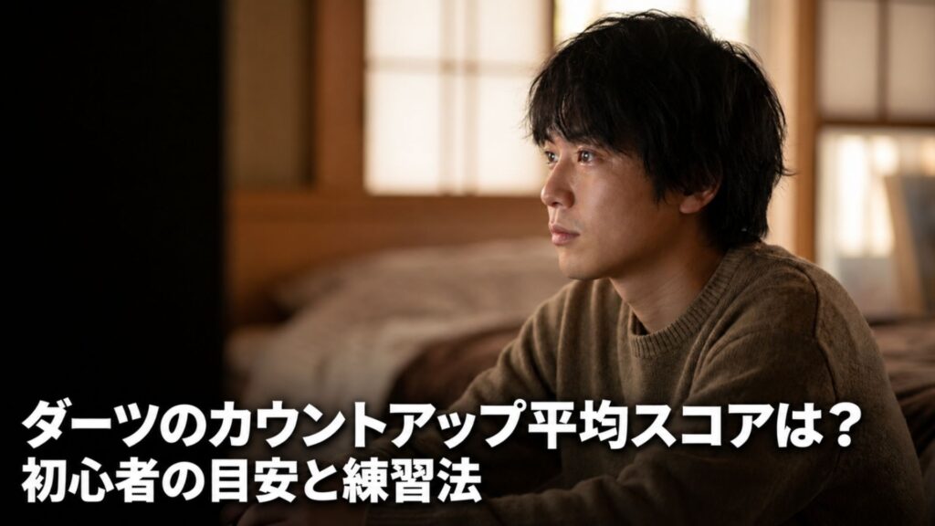 自宅で集中する人物と「ダーツのカウントアップ平均スコアは？初心者の目安と練習法」のタイトル