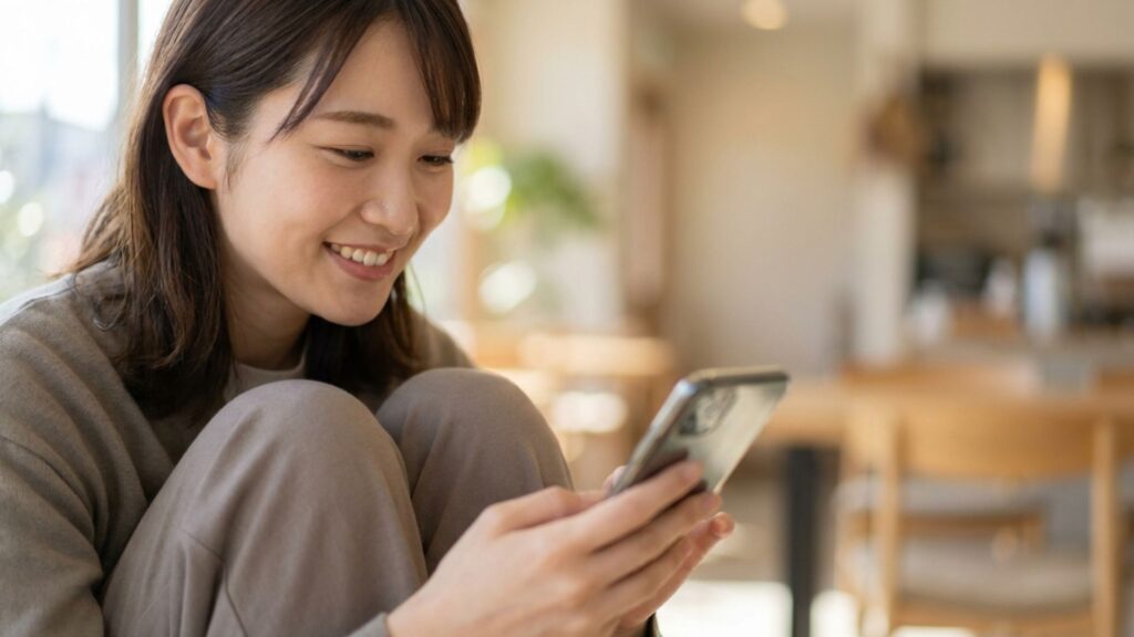 自宅でスマートフォンを見ながらカウントアップのスコアや目安を確認する人物