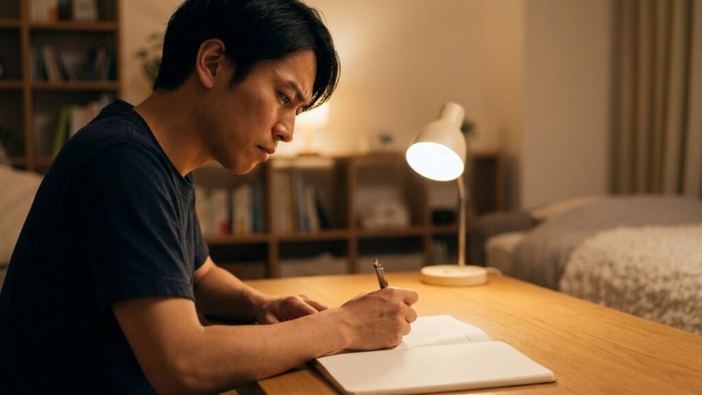 自宅の机でノートに練習内容やカウントアップの記録を書き留める人物