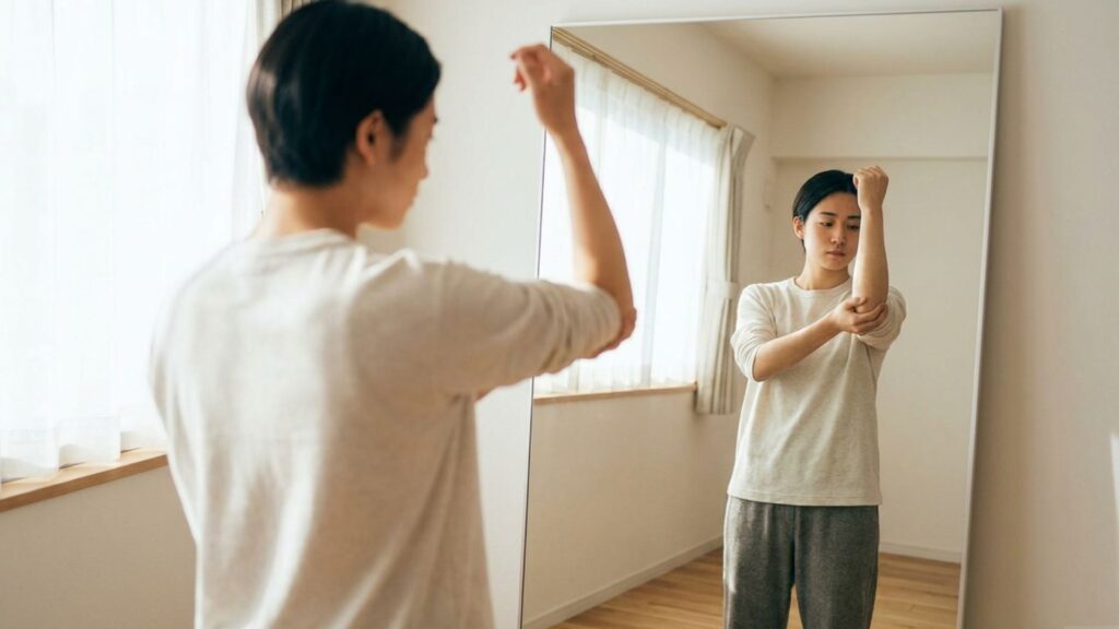 鏡を見ながら腕の位置や姿勢を確認しフォームを見直す人物