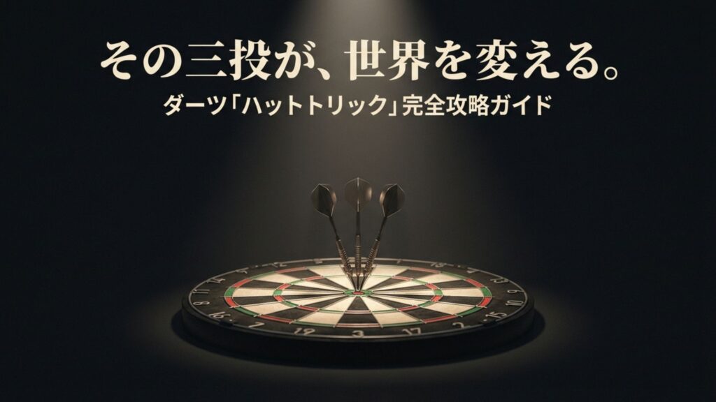 ダーツボードの真ん中（ブル）に3本のダーツが刺さっている、ハットトリックのイメージ画像。