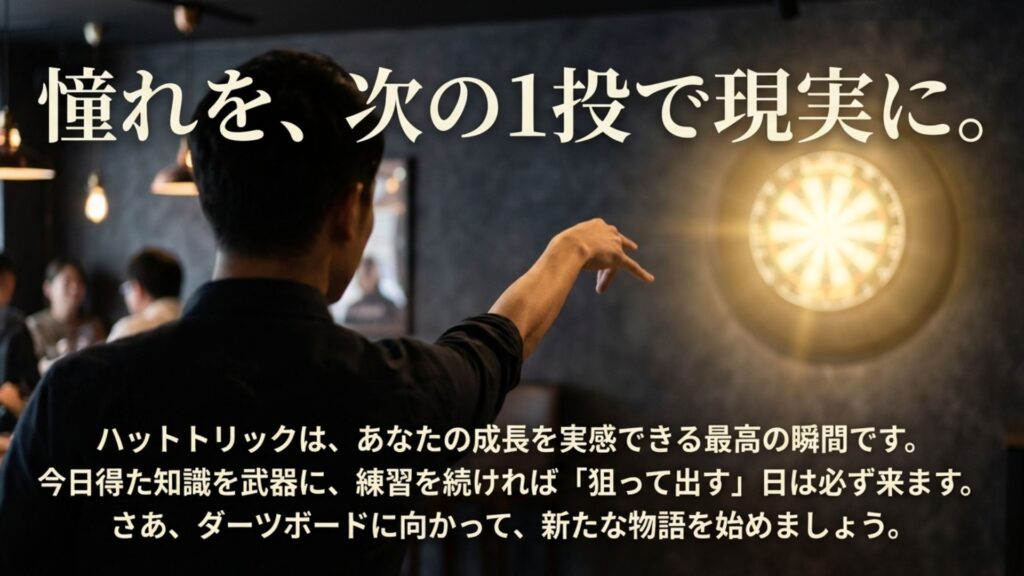 ダーツボードを背景にした「憧れを、次の1投で現実に」というメッセージが入ったまとめスライド。