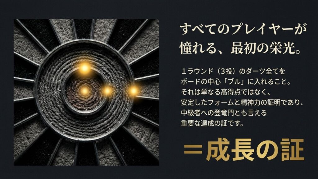 ダーツボードの中心であるブルに3つの光る点が集まっているイメージ図。ハットトリックは成長の証であることを表現。