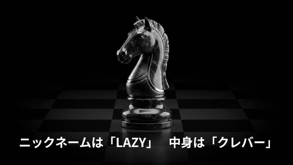 「ニックネームはLAZY 中身はクレバー」というコピー。プレイヤーの賢さと戦略性を表現したイメージ。