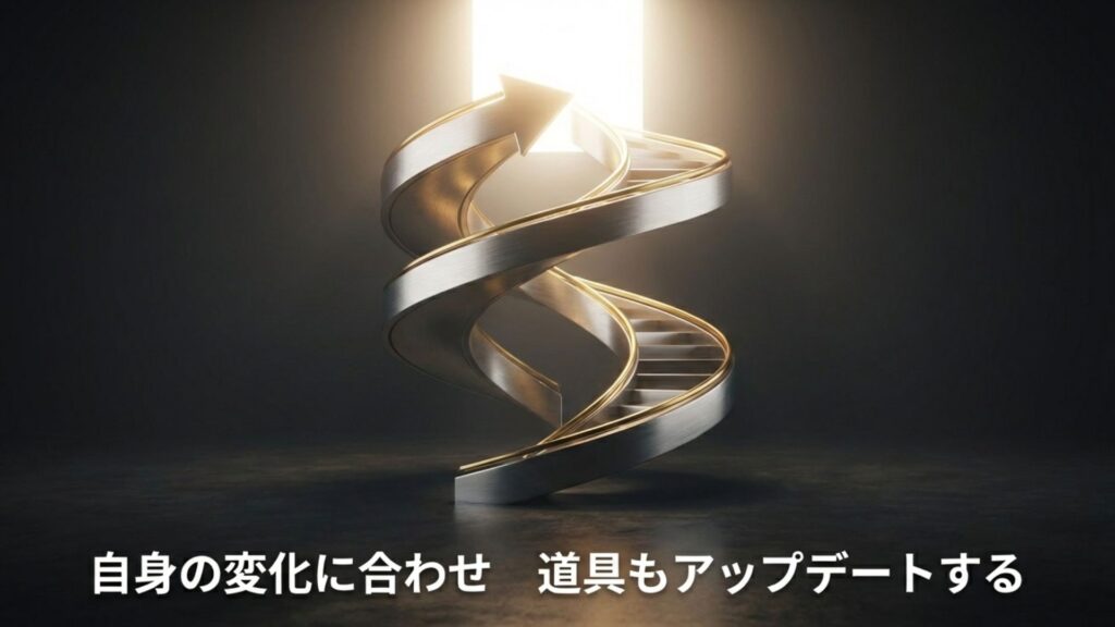 上昇する螺旋階段のイメージと「自身の変化に合わせ 道具もアップデートする」というコピー。成長と変化を表す図。