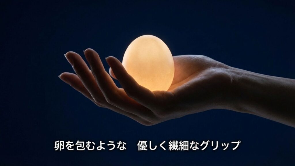 「卵を包むような優しく繊細なグリップ」というコピー。力を入れすぎないソフトなグリップを表現したイメージ。