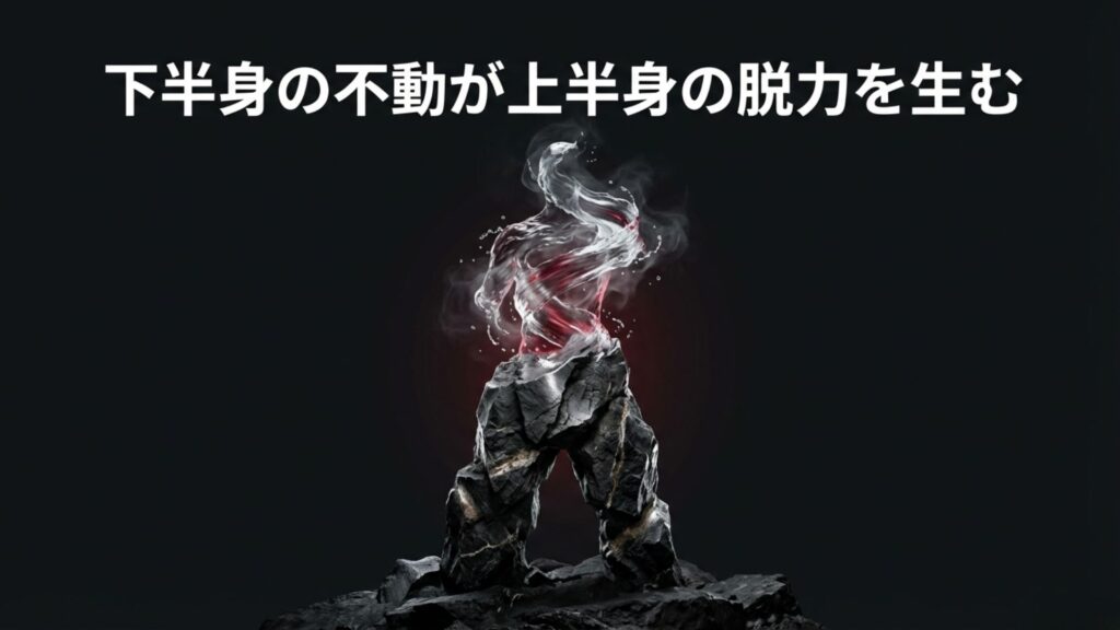 「下半身の不動が上半身の脱力を生む」というコピー。どっしりとした安定感を表現したイメージ。