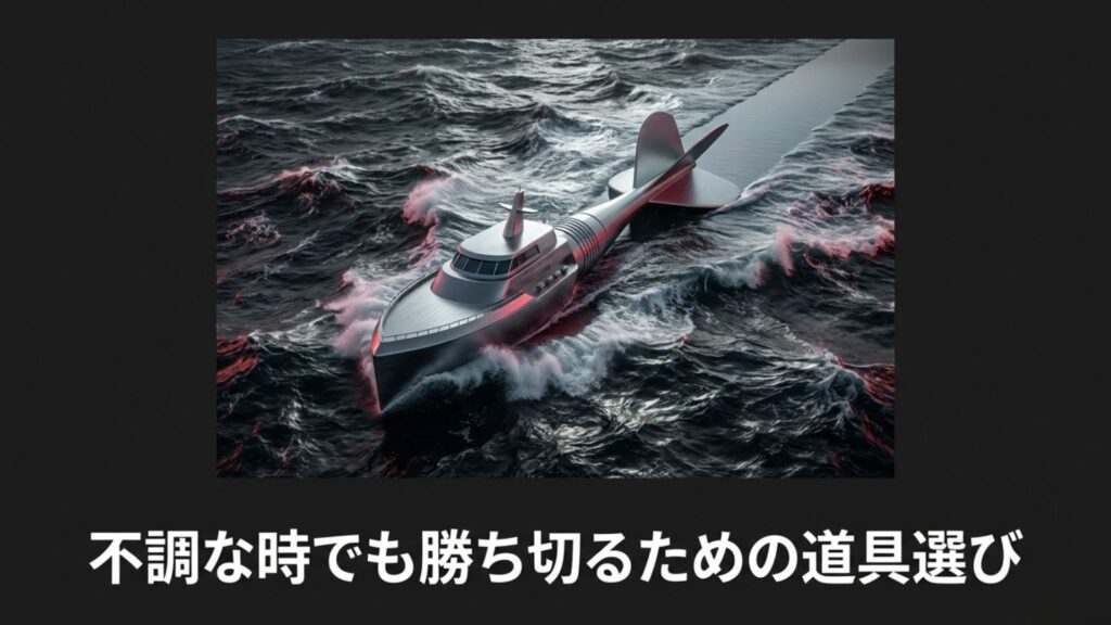 荒波を進む船のイラストと「不調な時でも勝ち切るための道具選び」というコピー。困難な状況でも安定する道具の重要性を示唆。