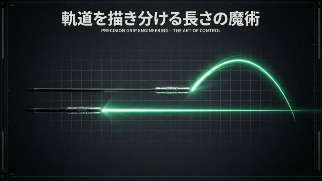 ダーツの軌道を調整するために長さを変更するシャフトの図解