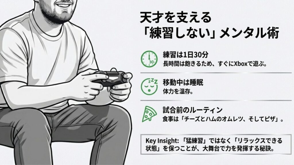 1日30分の練習、Xboxでのゲーム、ピザなどの食事といったルーク・リトラーのライフスタイルイラスト
