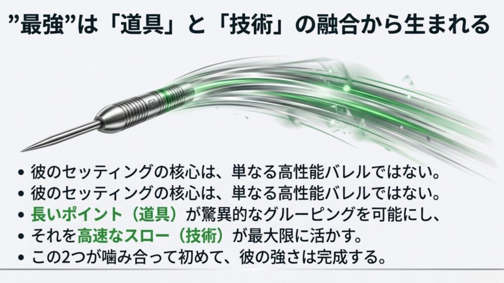 高性能バレルと高速スロー、そして長いポイントが噛み合って最強の強さが生まれるという結論スライド