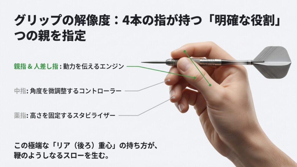 ルーク・リトラーのグリップにおける親指・人差し指・中指・薬指それぞれの役割を図解