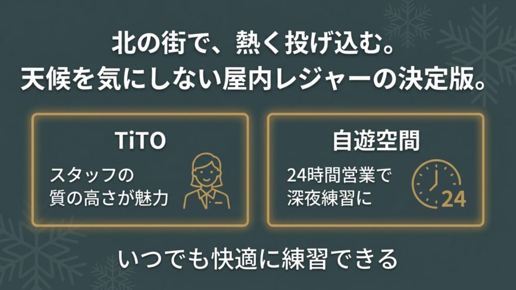札幌すすきの周辺のプレイ環境。スタッフの質が高いTiTOと、24時間営業で深夜練習に最適な自遊空間の特徴。