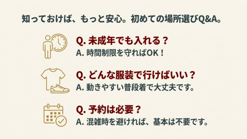初めての場所選びに関するQ&Aまとめ。未成年の利用時間、服装、予約の必要性についての回答一覧。