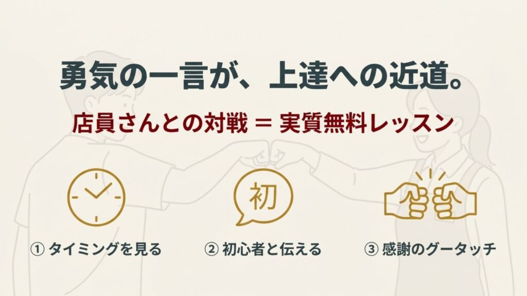 店員に対戦を頼む際のマナーと3つのステップ。「タイミングを見る」「初心者と伝える」「感謝のグータッチ」の手順図解。