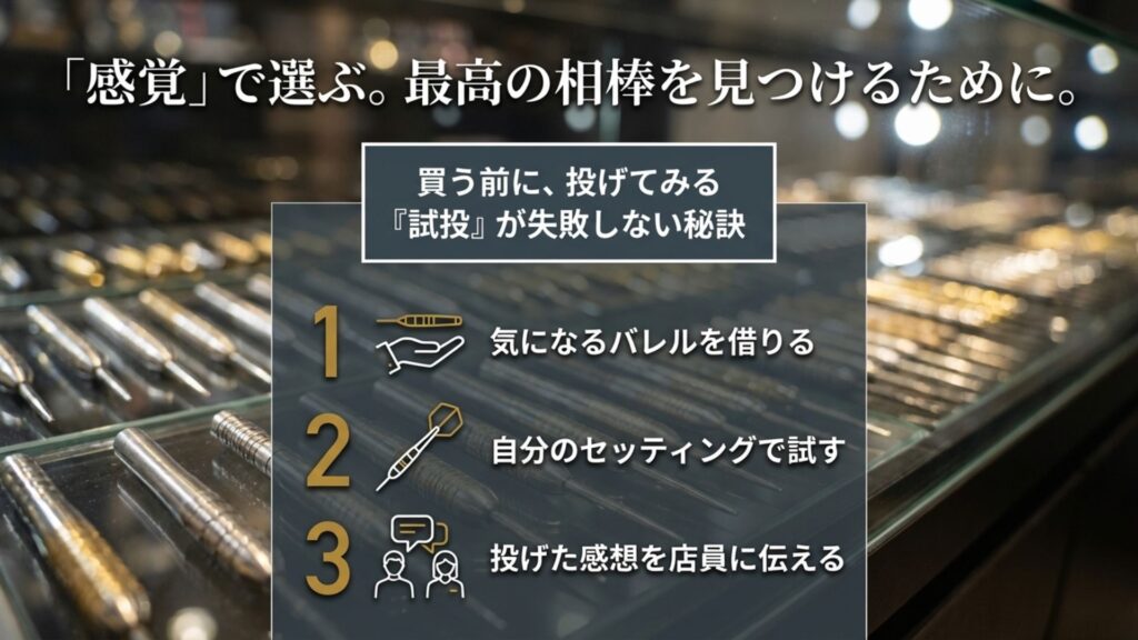 失敗しない試投の3ステップ手順。「気になるバレルを借りる」「自分のセッティングで試す」「投げた感想を店員に伝える」の流れ。