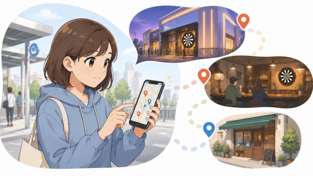 スマートフォンの地図を使って、現在地周辺のダーツができる店舗を探している様子のイラスト