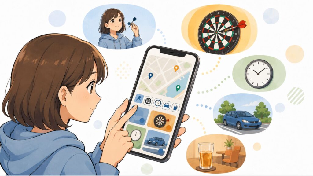スマートフォンで一人利用、ダーツ、営業時間、駐車場、飲食などの条件から店舗を絞り込んでいる様子のイラスト