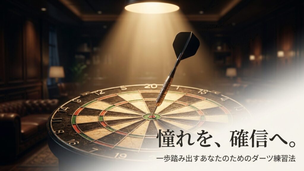 ダーツボードの抽象画と「憧れを、確信へ」というキャッチコピー。初心者向けダーツ練習法のガイドブック表紙。