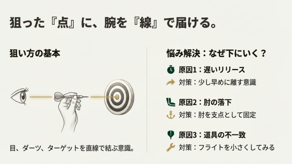 ダーツを構える手と目線のライン。「狙った点に線を届ける」イメージと、下に外れる原因の対策