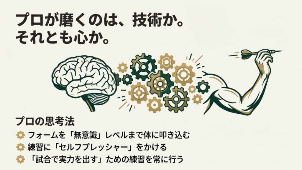 プロの思考法を表す脳のイラスト。無意識レベルのフォーム定着とセルフプレッシャーの重要性