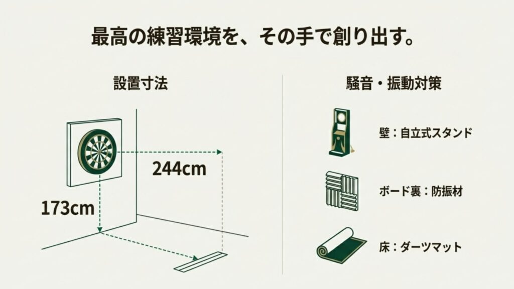 自宅用ダーツボードの設置寸法図解。床からブル中心まで173cm、スローラインまで244cmの距離を示す図