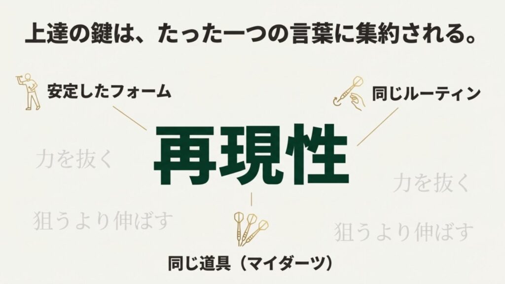 ダーツ上達の鍵となる「再現性」を高めるための要素（安定したフォーム、同じ道具、ルーティン）を示した図