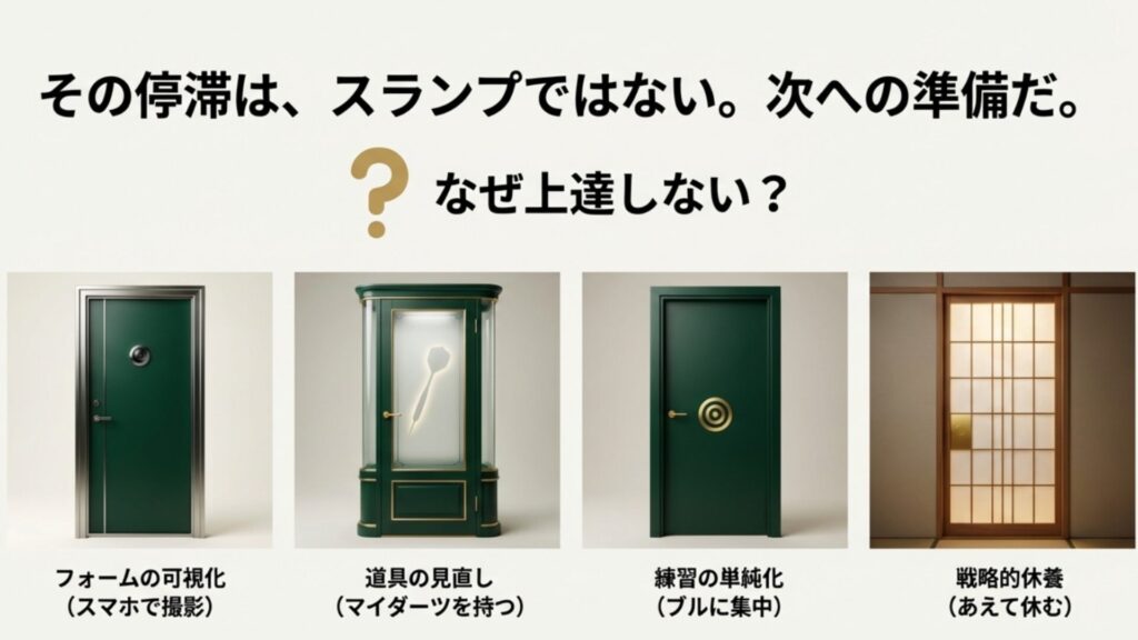 ダーツのスランプを脱出するための4つのドアのイラスト。フォーム撮影、道具の見直し、練習の単純化、休養の提案