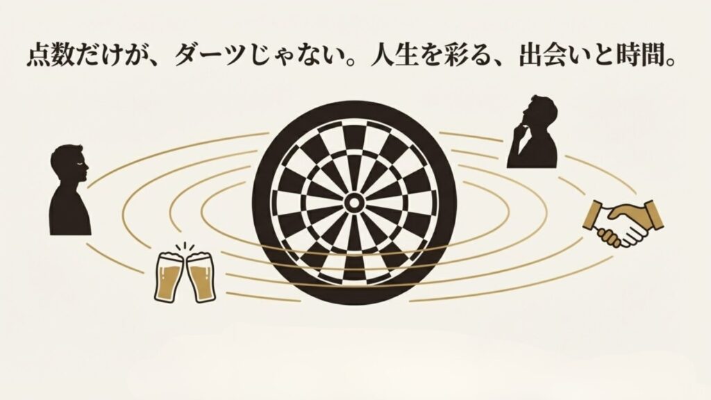 ダーツボードを中心に、乾杯するグラス、考える人、握手する手が描かれたイラスト。「点数だけがダーツじゃない」というダーツコミュニティの豊かさを示す図。