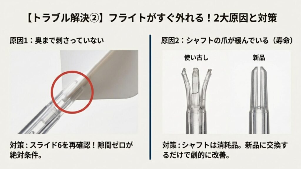奥まで刺さっていないことによる隙間や、シャフトの爪の緩みが原因でフライトが外れる仕組みの図解