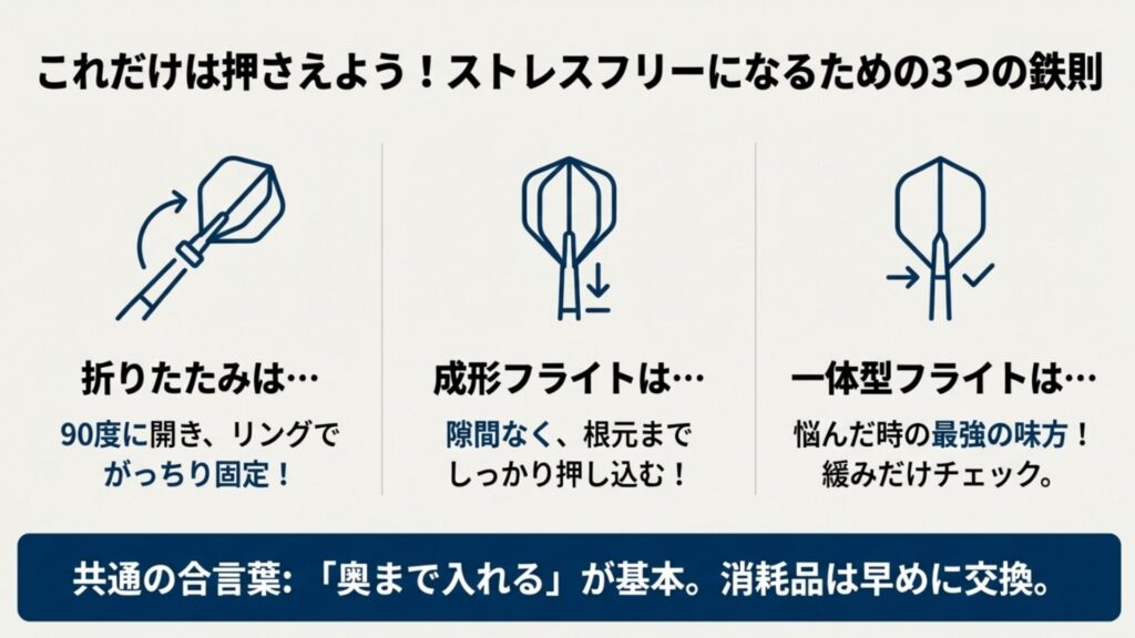 種類ごとの付け方のポイントと、共通の注意点「奥まで入れる」をまとめた図解