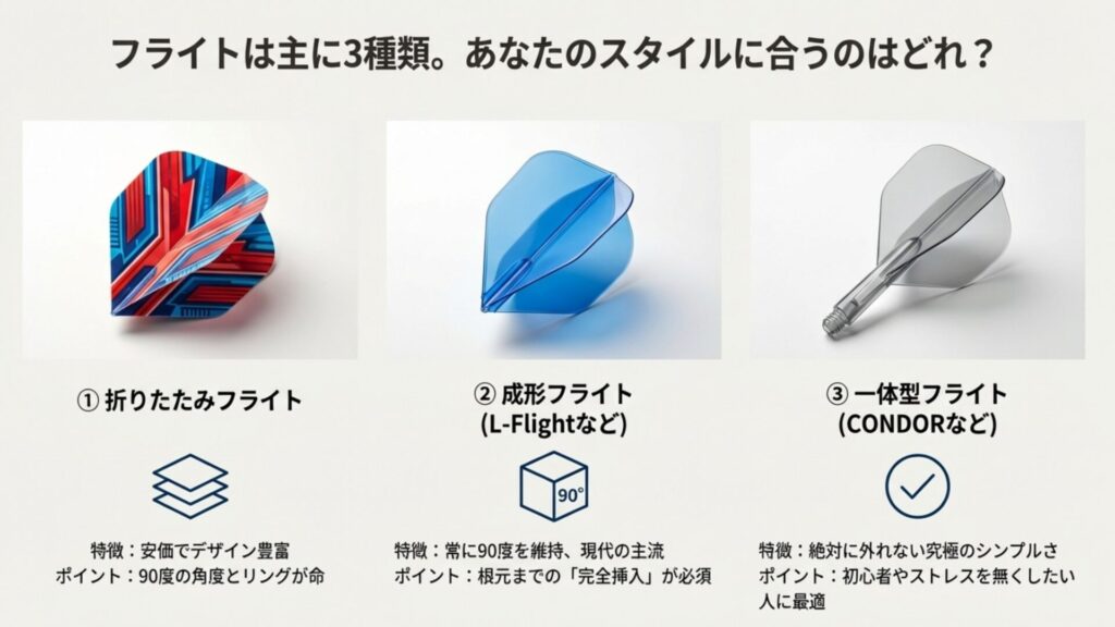 折りたたみフライト、成形フライト、一体型フライトそれぞれの特徴と適した人の比較チャート