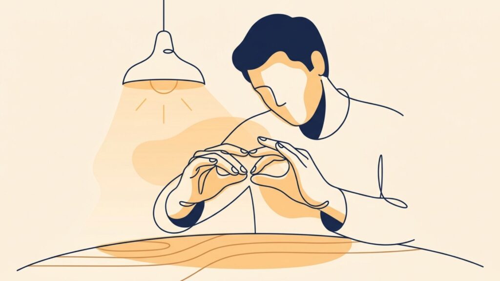 机の上で小さなパーツを両手で慎重に調整している人物のイラスト