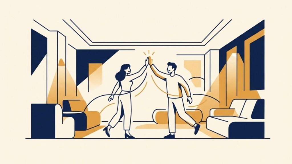 明るい室内で笑顔の男女がハイタッチしているイラスト