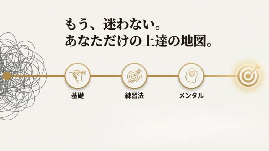 複雑に絡まった思考の糸が整理され、一直線のロードマップになる図解。「もう迷わない、あなただけの上達の地図」というテキスト。