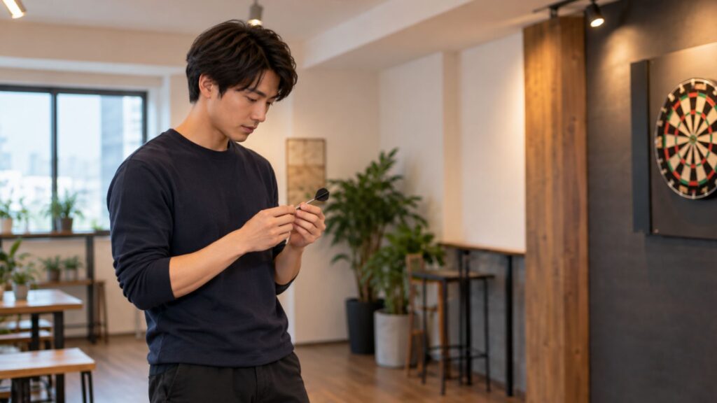 一度構えを解き、手元のダーツと握り方を確認している男性