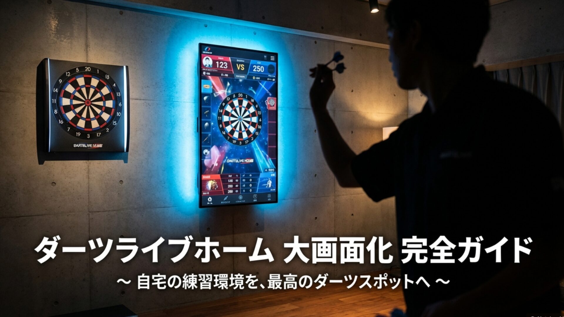 ダーツライブホームのボード写真と記事タイトル「大画面化完全ガイド」の文字