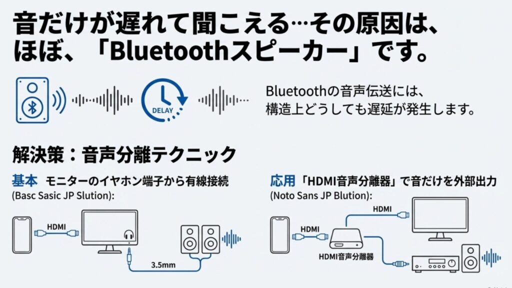 Bluetoothスピーカーによる音ズレの原因とHDMI音声分離器を使った解決配線図