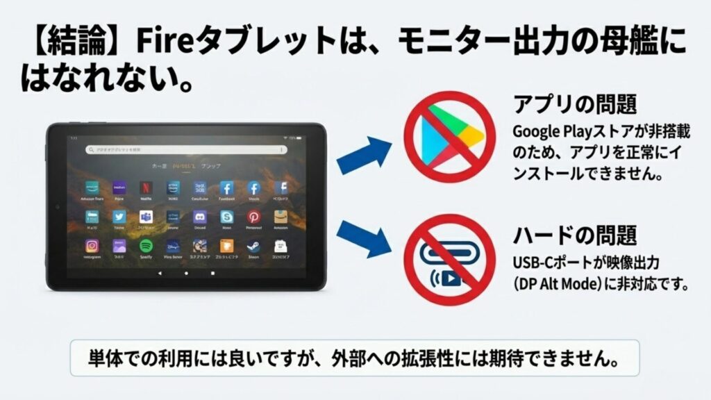 Fireタブレットがアプリ非対応かつ映像出力不可であることを示す解説図