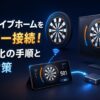 「ダーツライブホームをモニター接続！大画面化の手順と遅延対策」の文字と、ダーツボード・タブレット・モニターの接続イメージ