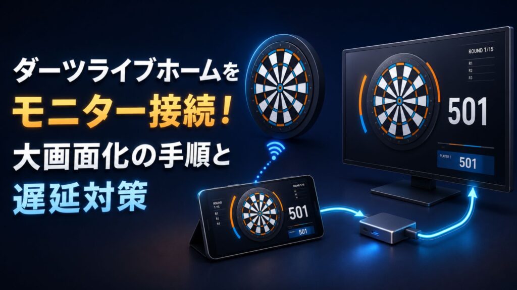 「ダーツライブホームをモニター接続!大画面化の手順と遅延対策」の文字と、ダーツボード・タブレット・モニターの接続イメージ