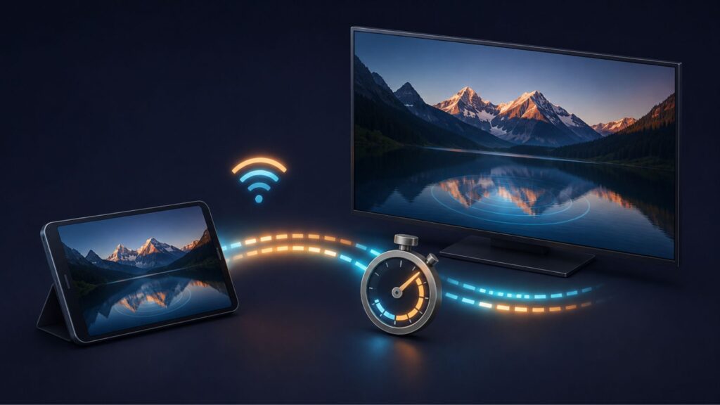 タブレットからモニターへ無線ミラーリングし、ストップウォッチで映像遅延を表現した構成