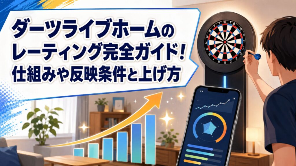 自宅のダーツボードとレーティング表示をイメージした、ダーツライブホームのレーティング解説記事用アイキャッチ画像