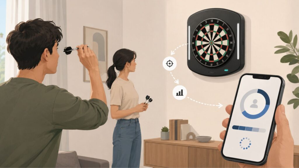 ダーツボード、対戦中の2人、スマホ上のレーティング表示を使って、レーティングの仕組みと反映条件を表した挿絵