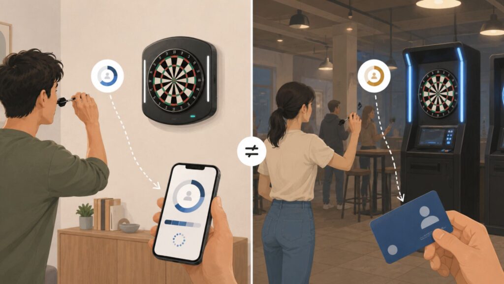 自宅用のダーツ環境と店舗用のカード情報を別々に確認している様子を表した挿絵