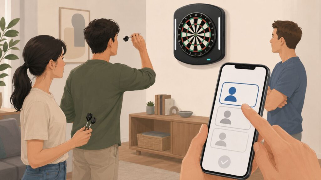 複数人がプレイ前にそれぞれのプレイヤーデータを確認してからダーツを始める様子の挿絵