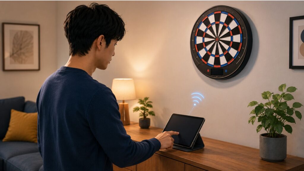 電子ダーツボードとタブレットを無線接続し、自宅で接続や設定を確認している様子のイラスト

