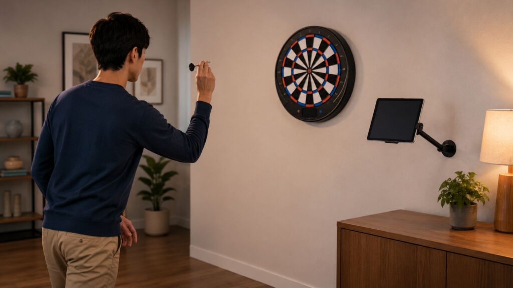 電子ダーツボードの横にタブレットを安全に固定し、投げる位置から画面を確認できる設置例のイラスト
