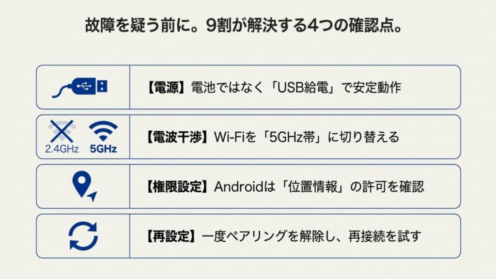 ダーツライブホームの不具合が解決する4つの確認点。USB給電への切り替え、Wi-Fiの5GHz帯利用、位置情報権限、ペアリング再設定のチェックリスト。