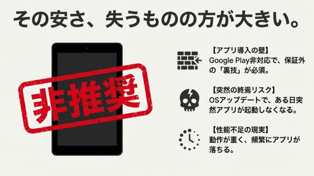 Fireタブレットに「非推奨」のスタンプが押された画像。Google Play非対応であることや性能不足によるアプリ落ちのリスクを警告する図。